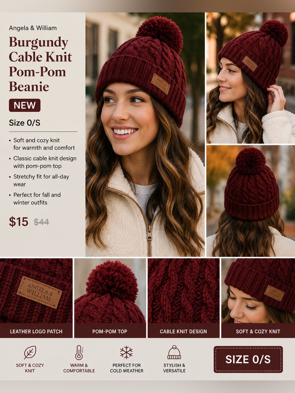 Burgundy Cable‎ Knit Pom-Pom Beanie NEW Size O/S
